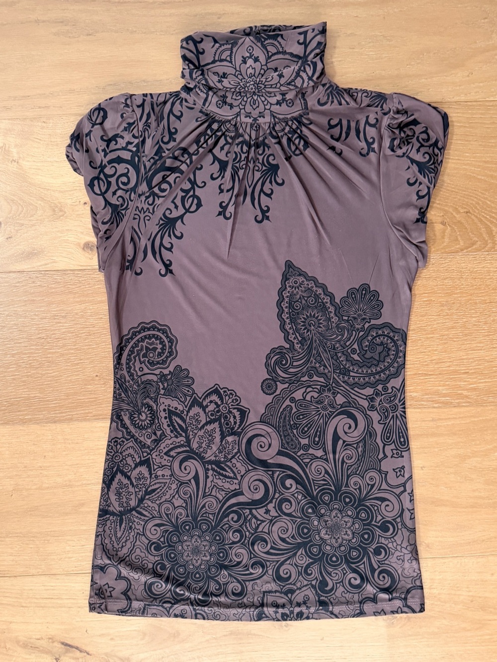 VTG Love Culture Y2K Brown Taupe Henna Paisley Print Turtleneck Cap Sleeve Top L